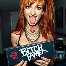 A close-up shot focusing on a sexy redhead female with a large chest, wearing a tank top adorned with punk chains