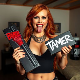 A close-up shot focusing on the chest and torso of a sexy female redhead wearing a tank top adorned with punk chains