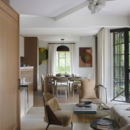 A contemporary yet slightly traditional living room fused with an open-space kitchen.