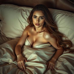 A beautiful young woman lounging on a luxurious bed, her pose elegant and artistic