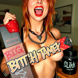 A close-up chest and torso shot of a sexy female redhead, wearing a tank top adorned with punk chains