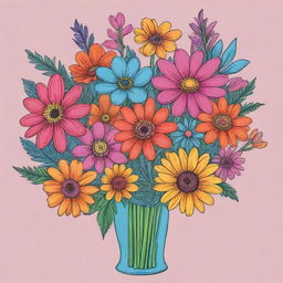 A bouquet of various, vibrant flowers hand-drawn in a playful cartoonish style.