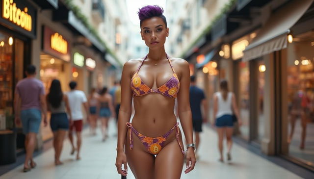 A long shot photo of a beautiful 18-year-old Israeli woman with striking violet hair styled in a quiff pixie cut