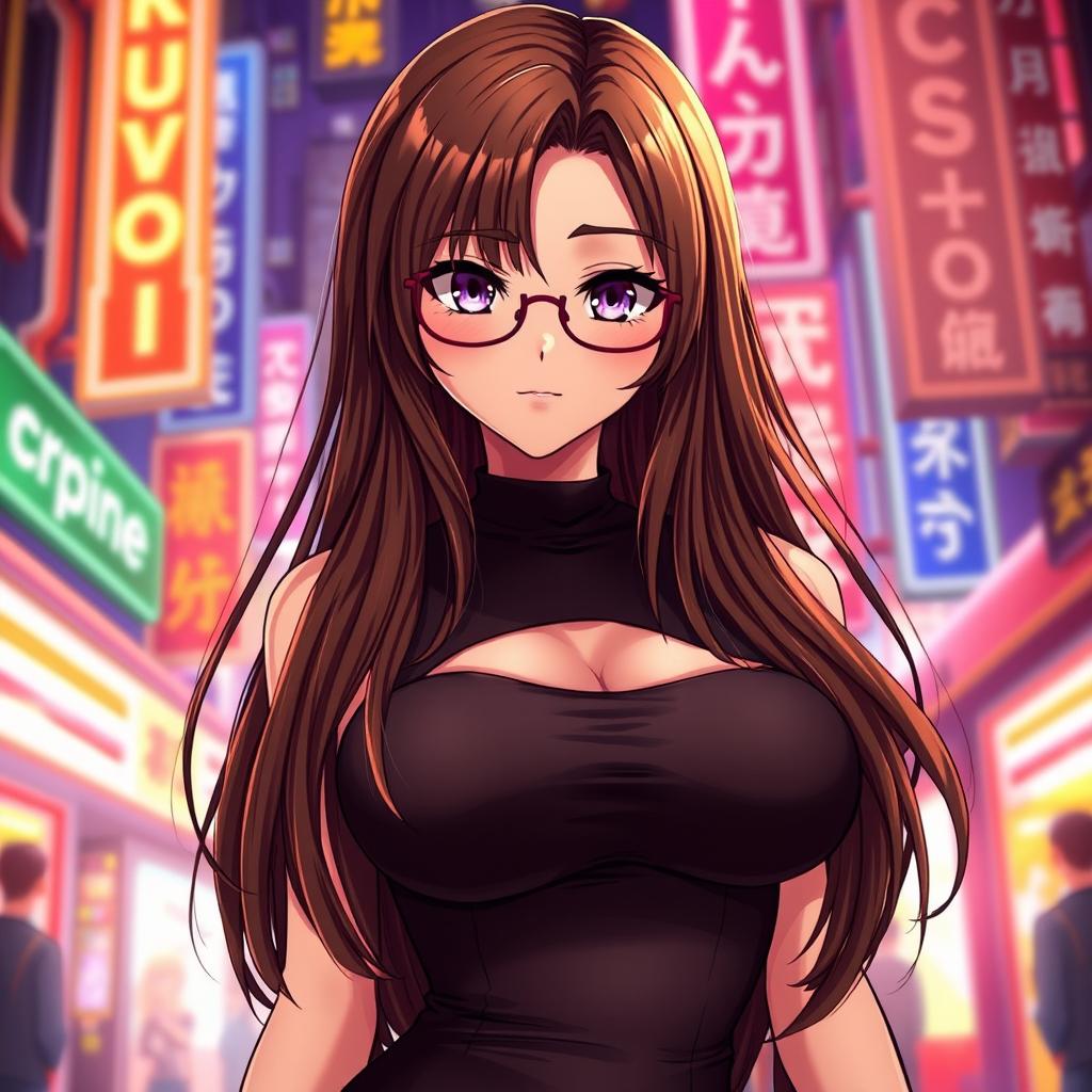 A stunning anime girl with long thick brown hair cascading down her shoulders, featuring a voluptuous figure