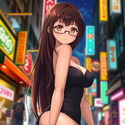 A stunning anime girl with long thick brown hair cascading down her shoulders, featuring a voluptuous figure