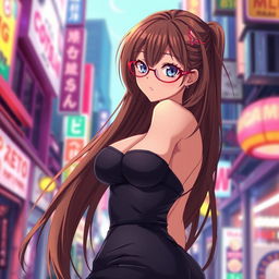 A stunning anime girl with long thick brown hair cascading down her shoulders, featuring a voluptuous figure