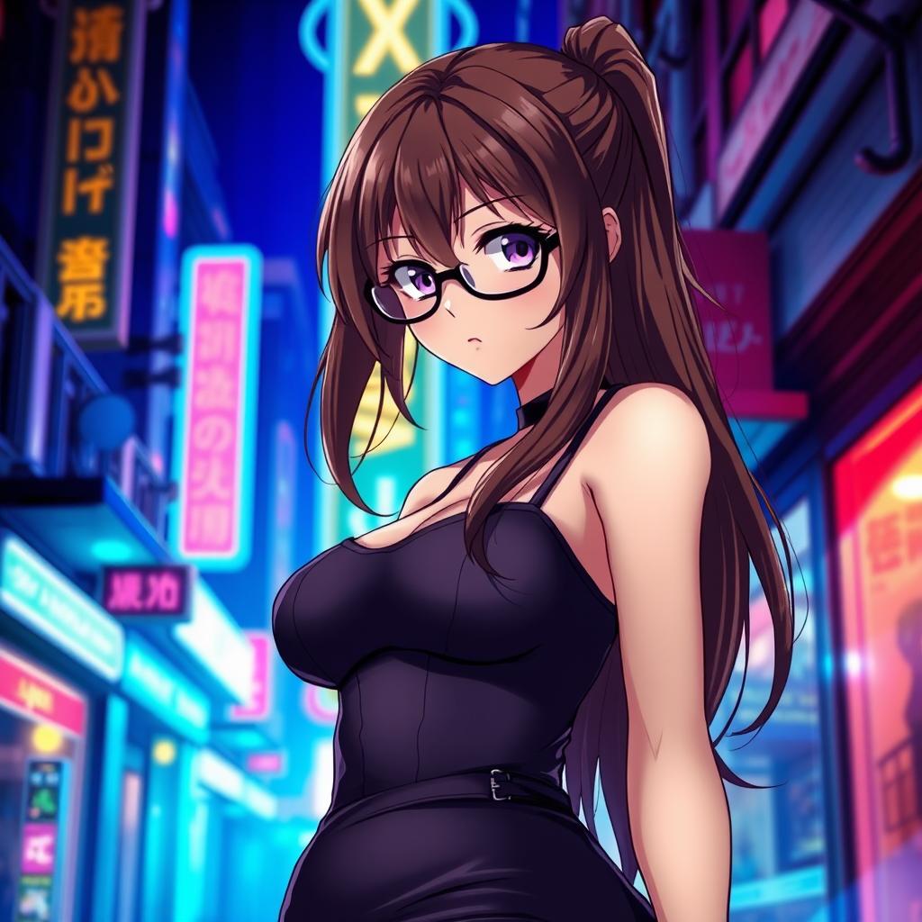 A stunning anime girl with long thick brown hair cascading down her shoulders, featuring a voluptuous figure