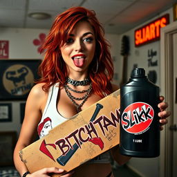 A close-up shot of a sexy female redhead with a large chest and visible cleavage, wearing a tank top adorned with punk chains