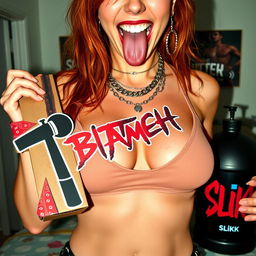 A close-up on a sexy female redhead in a punk style, featuring a torso shot that highlights her large chest and cleavage