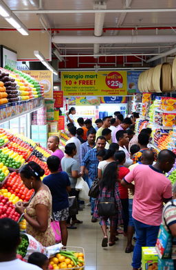 A vibrant and lively scene inside a Wangio mart, a local grocery store