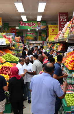 A vibrant and lively scene inside a Wangio mart, a local grocery store