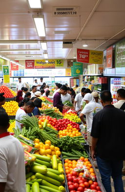 A vibrant and lively scene inside a Wangio mart, a local grocery store