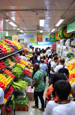 A vibrant and lively scene inside a Wangio mart, a local grocery store