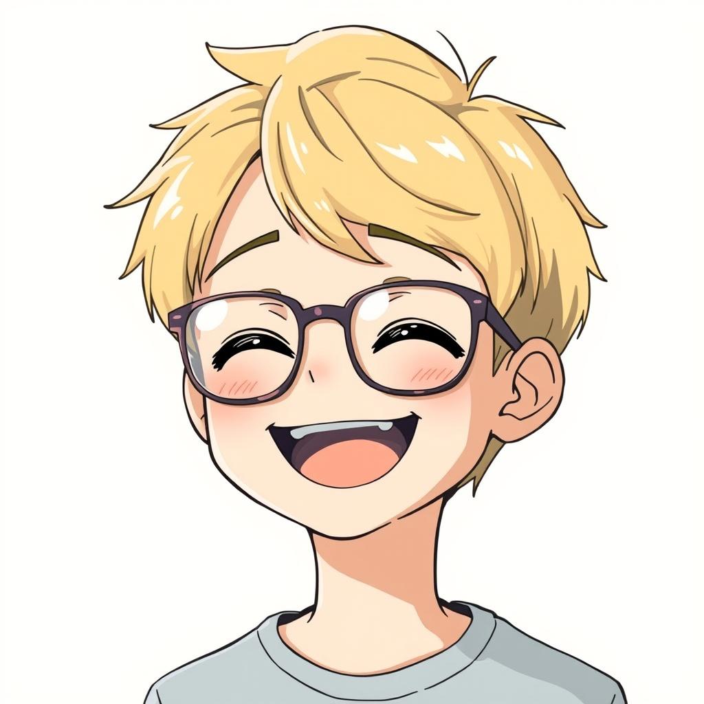 A cheerful anime-style boy with short blonde hair, wearing stylish glasses