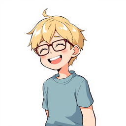 A cheerful anime-style boy with short blonde hair, wearing stylish glasses