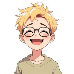 A cheerful anime-style boy with short blonde hair, wearing stylish glasses