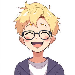 A cheerful anime-style boy with short blonde hair, wearing stylish glasses