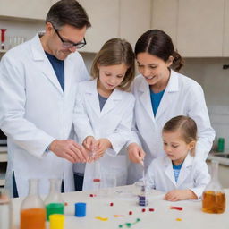 A loving family engaged in scientific experiments. Parents helping children with lab coats work on a vibrant, complex, cutting-edge science project in a home laboratory.