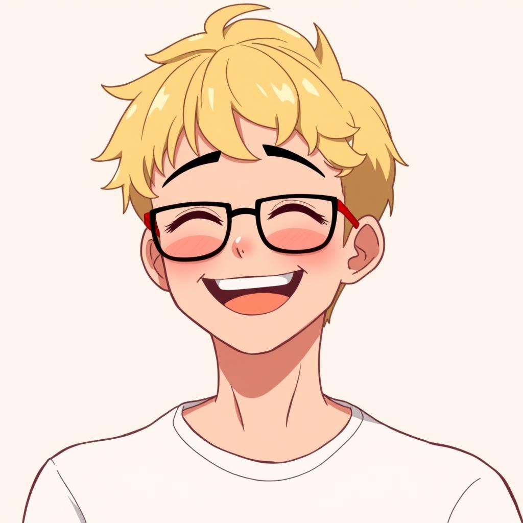 A cheerful anime-style man with short blonde hair, wearing stylish glasses