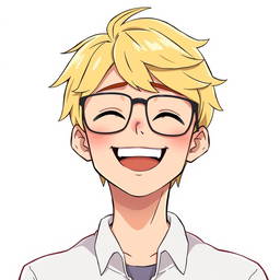 A cheerful anime-style man with short blonde hair, wearing stylish glasses