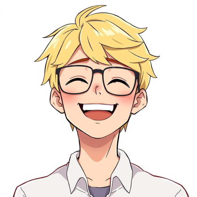 A cheerful anime-style man with short blonde hair, wearing stylish glasses