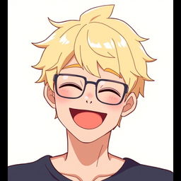 A cheerful anime-style man with short blonde hair, wearing stylish glasses