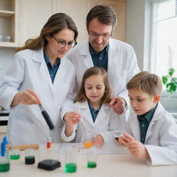 A loving family engaged in scientific experiments. Parents helping children with lab coats work on a vibrant, complex, cutting-edge science project in a home laboratory.