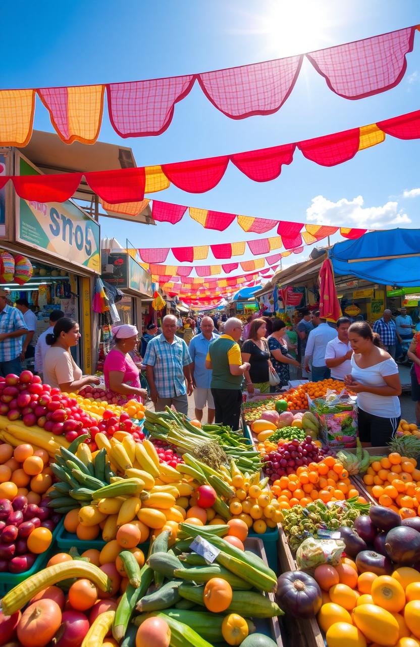 A vibrant and bustling outdoor market scene showcasing a variety of exotic fruits and vegetables