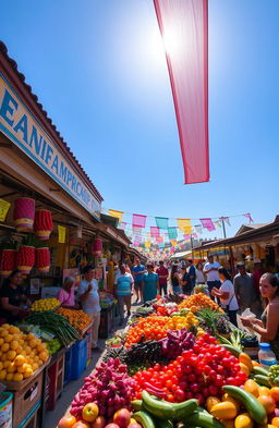 A vibrant and bustling outdoor market scene showcasing a variety of exotic fruits and vegetables