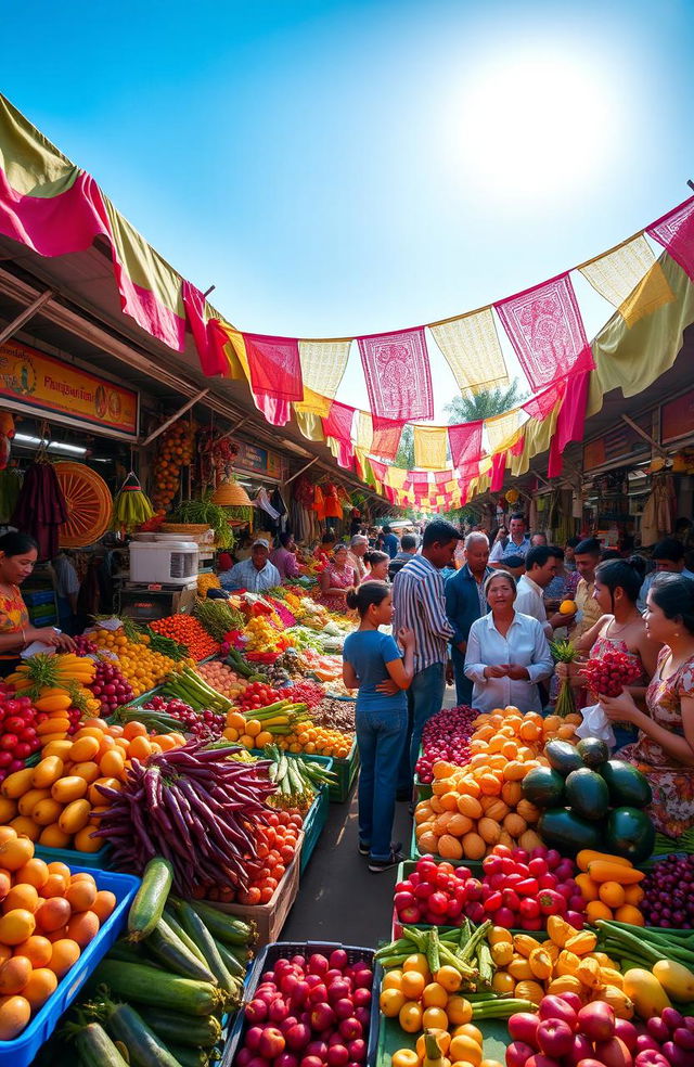 A vibrant and bustling outdoor market scene showcasing a variety of exotic fruits and vegetables