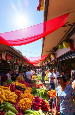 A vibrant and bustling outdoor market scene showcasing a variety of exotic fruits and vegetables