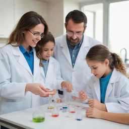 A loving family engaged in scientific experiments. Parents helping children with lab coats work on a vibrant, complex, cutting-edge science project in a home laboratory.