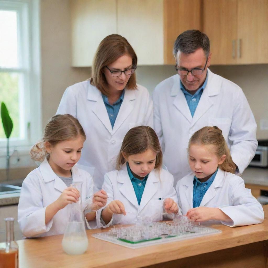 A loving family engaged in scientific experiments. Parents helping children with lab coats work on a vibrant, complex, cutting-edge science project in a home laboratory.