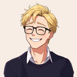 A mature anime-style man with short blonde hair, wearing stylish glasses