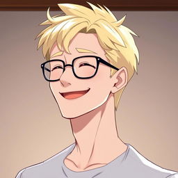 A mature anime-style man with short blonde hair, wearing stylish glasses