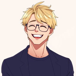 A mature anime-style man with short blonde hair, wearing stylish glasses