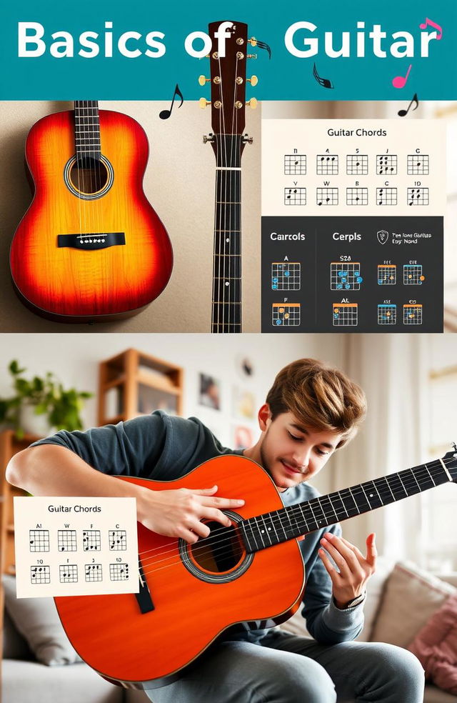 A visually engaging collage representing the basics of guitar playing, featuring a beautifully crafted acoustic guitar, a detailed infographic of guitar chords, and a person, a young adult with a focused expression, practicing guitar in a cozy living room setting