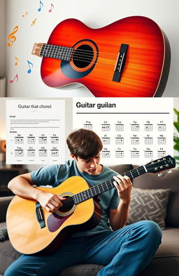 A visually engaging collage representing the basics of guitar playing, featuring a beautifully crafted acoustic guitar, a detailed infographic of guitar chords, and a person, a young adult with a focused expression, practicing guitar in a cozy living room setting