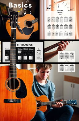 A visually engaging collage representing the basics of guitar playing, featuring a beautifully crafted acoustic guitar, a detailed infographic of guitar chords, and a person, a young adult with a focused expression, practicing guitar in a cozy living room setting