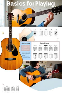 A visually engaging collage representing the basics of guitar playing, featuring a beautifully crafted acoustic guitar, a detailed infographic of guitar chords, and a person, a young adult with a focused expression, practicing guitar in a cozy living room setting