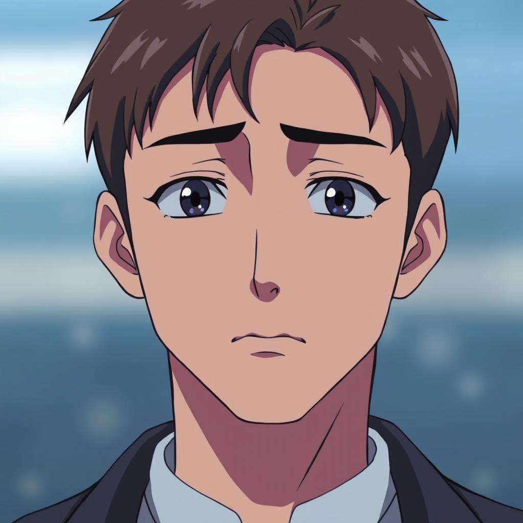 An anime-style man of Asian descent with short brown hair, displaying a concerned expression