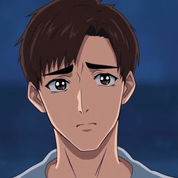 An anime-style man of Asian descent with short brown hair, displaying a concerned expression