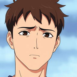 An anime-style man of Asian descent with short brown hair, displaying a concerned expression