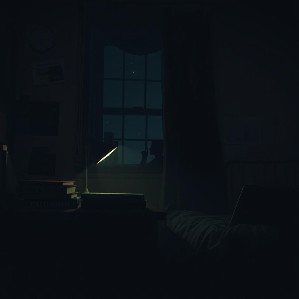 A mysterious and atmospheric image set in a dimly lit college dorm room at night