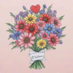 A bouquet of cartoonish flowers hand-drawn with love, accessorized with a sweet note and ribbon for a personal touch. Perfect as a gift for a loved one.