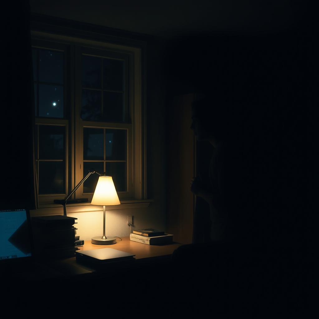 A mysterious and atmospheric image set in a dimly lit college dorm room at night