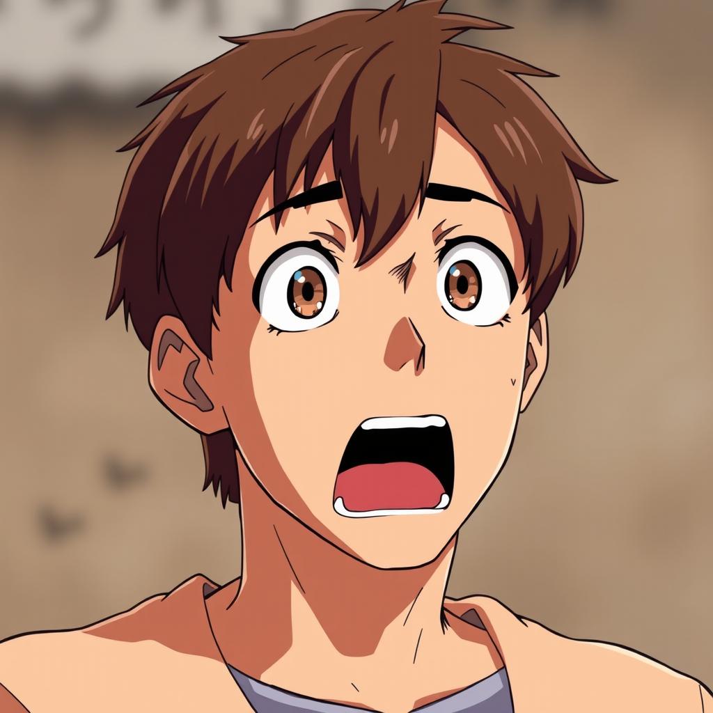 An anime-style man of Asian descent with short brown hair, showing a shocked expression