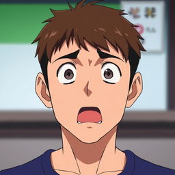 An anime-style man of Asian descent with short brown hair, showing a shocked expression