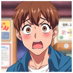 An anime-style man of Asian descent with short brown hair, showing a shocked expression