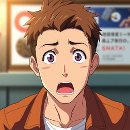 An anime-style man of Asian descent with short brown hair, showing a shocked expression